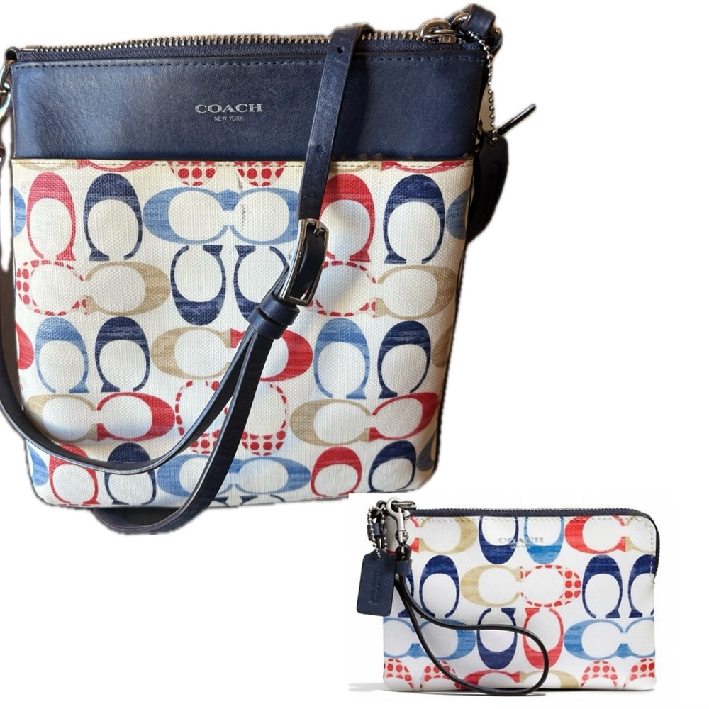 Coach Kitt Messenger Crossbody Bag in Red, White and Blue and matching wristlet
